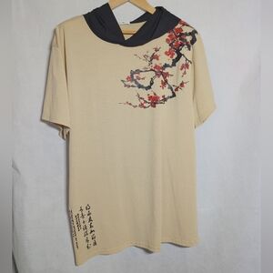 Men's Beige Cherry Blossom Hoodie with Black Accents